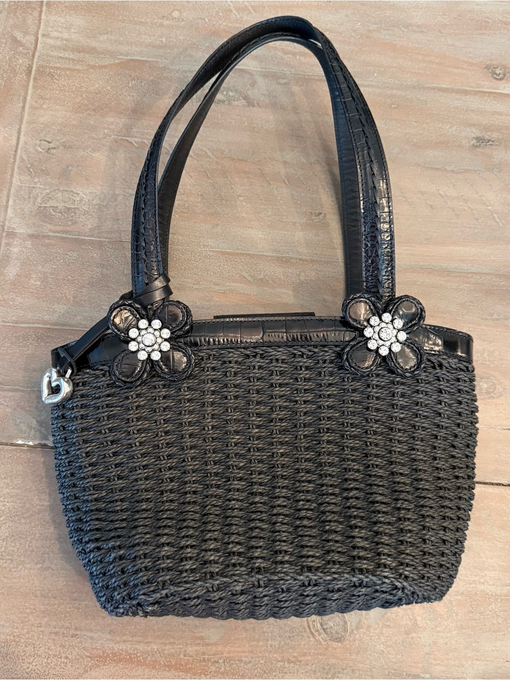 BRIGHTON Woven Raffia Tote Black Basket Weave Straw Handbag Flower Rhinestones